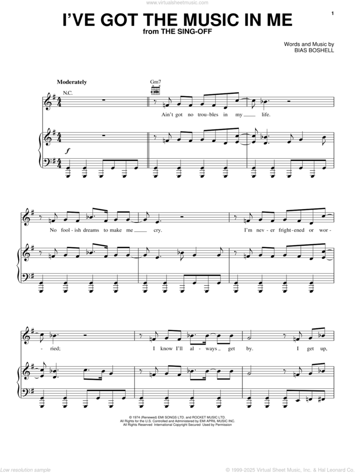 I've Got The Music In Me sheet music for voice, piano or guitar by Kiki Dee and Bias Boshell, intermediate skill level