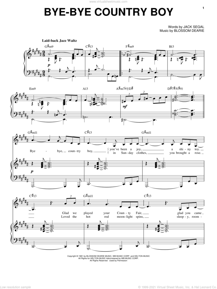 Bye-Bye Country Boy sheet music for voice, piano or guitar by Blossom Dearie and Jack Segal, intermediate skill level