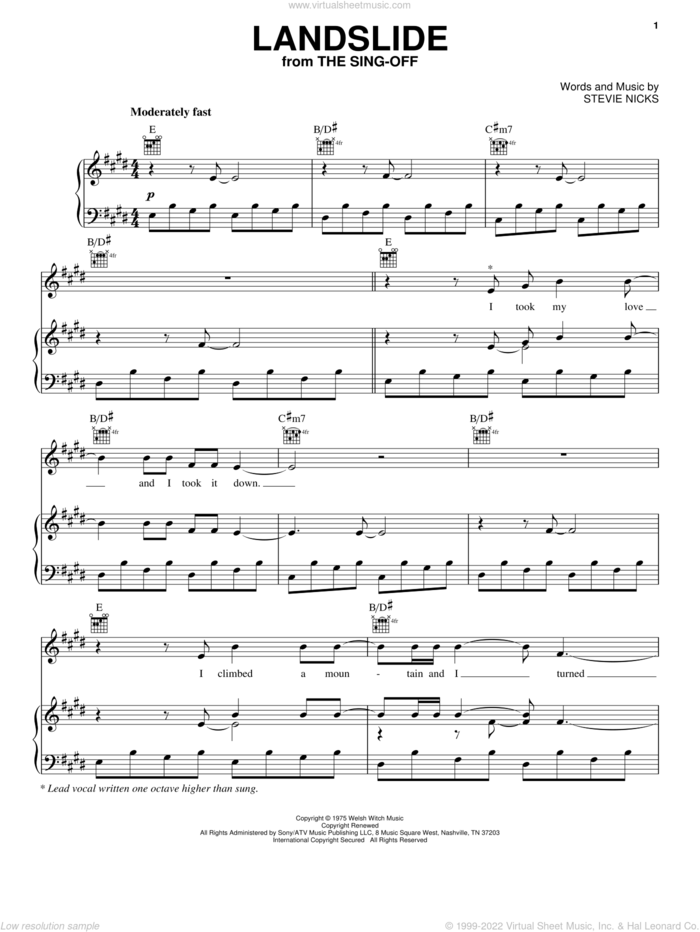 Landslide (from The Sing-Off) sheet music for voice, piano or guitar by Fleetwood Mac and Stevie Nicks, intermediate skill level