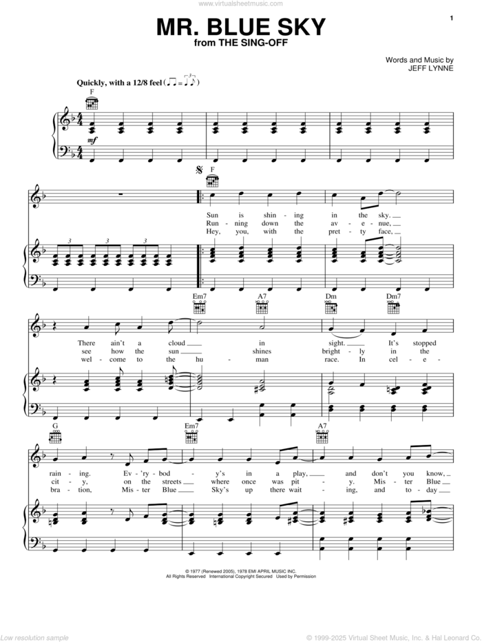 Mr. Blue Sky sheet music for voice, piano or guitar by Electric Light Orchestra and Jeff Lynne, intermediate skill level