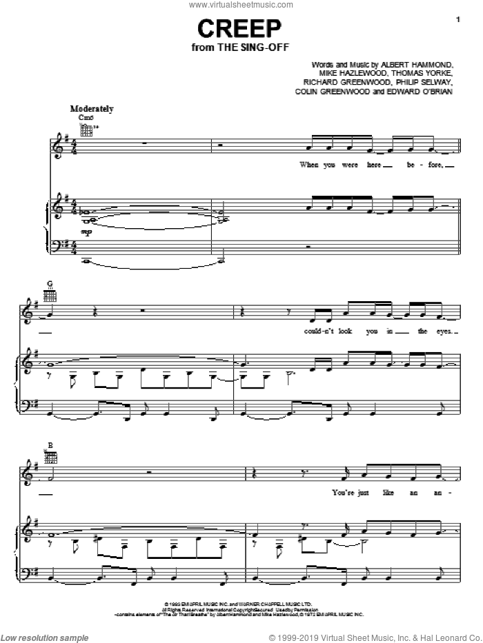 Creep (as performed on The Sing-Off) sheet music for voice, piano or guitar by Radiohead, Albert Hammond, Colin Greenwood, Jonathan Greenwood, Michael Hazlewood, Philip Selway and Thom Yorke, intermediate skill level