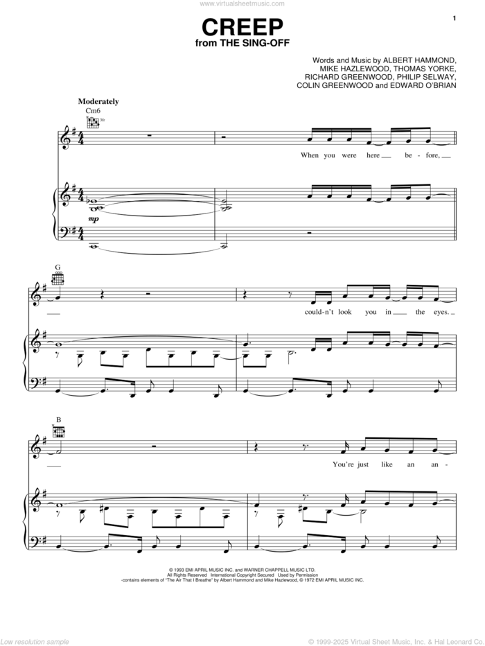 Creep (as performed on The Sing-Off) sheet music for voice, piano or guitar by Radiohead, Albert Hammond, Colin Greenwood, Jonathan Greenwood, Michael Hazlewood, Philip Selway and Thom Yorke, intermediate skill level