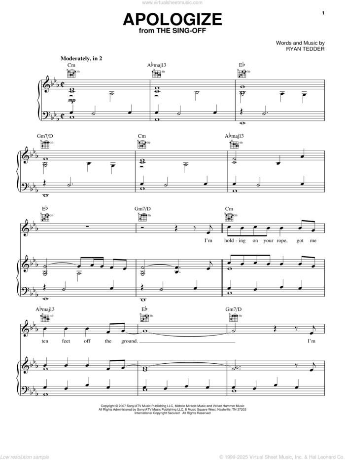 Apologize sheet music for voice, piano or guitar by Timbaland featuring OneRepublic and Ryan Tedder, intermediate skill level