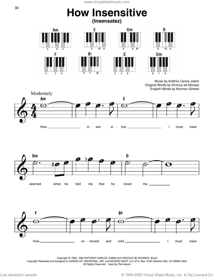 How Insensitive (Insensatez), (beginner) sheet music for piano solo by Norman Gimbel, Astrud Gilberto, AntA'nio Carlos Jobim and Vinicius De Moraes, beginner skill level