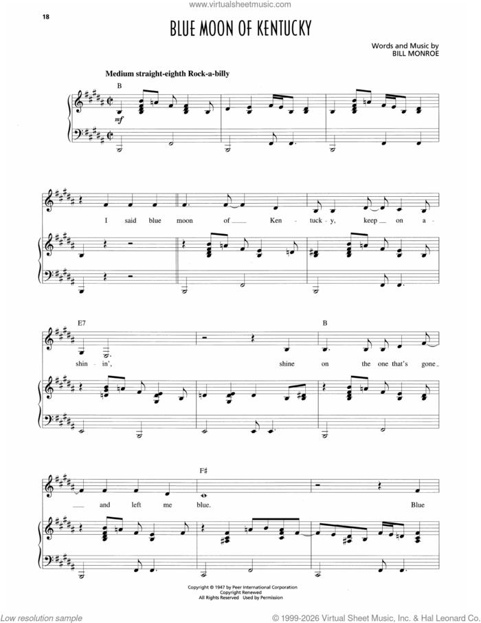 Blue Moon Of Kentucky sheet music for voice and piano by Patsy Cline and Bill Monroe, intermediate skill level