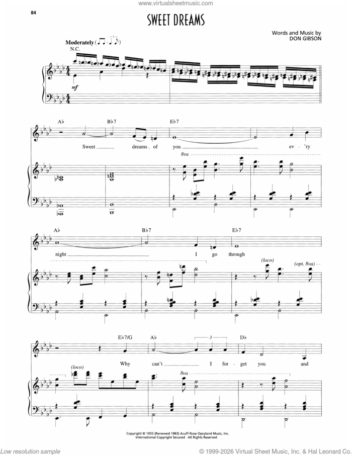 Sweet Dreams sheet music for voice and piano by Patsy Cline and Don Gibson, intermediate skill level