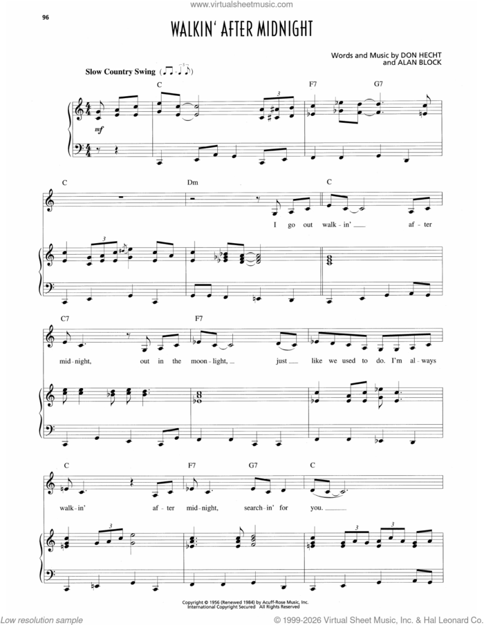 Walkin' After Midnight sheet music for voice and piano by Patsy Cline, Alan W. Block and Don Hecht, intermediate skill level
