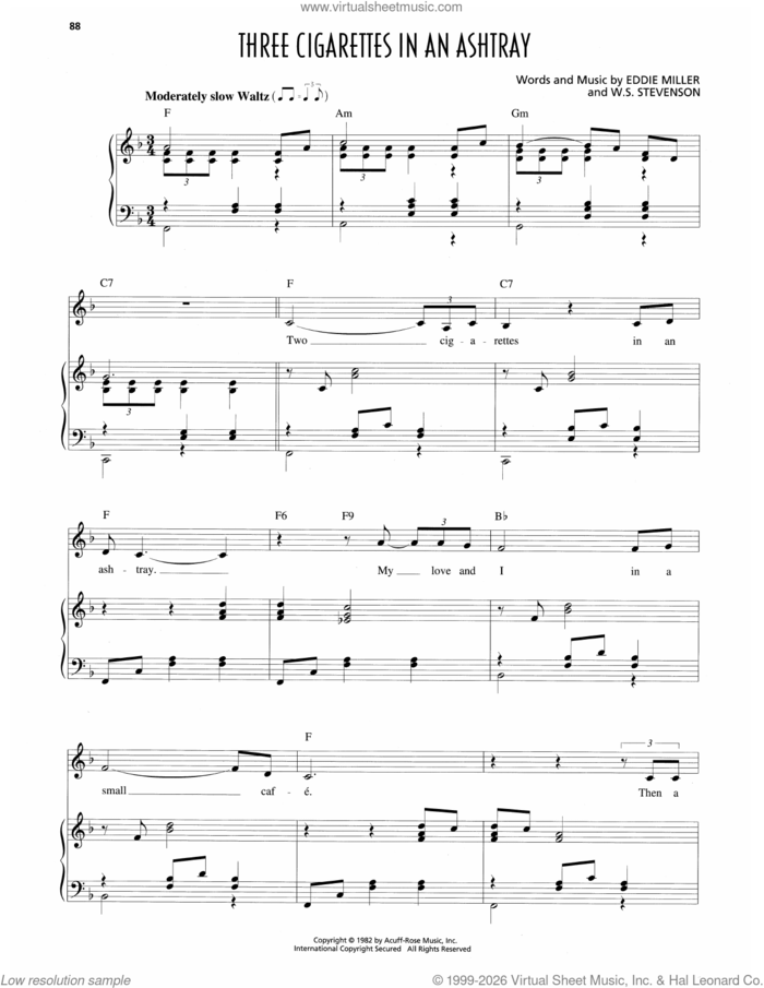 Three Cigarettes In An Ashtray sheet music for voice and piano by Patsy Cline, Eddie Miller and William Stevenson, intermediate skill level