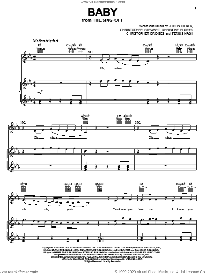 Baby (from The Sing-Off) sheet music for voice, piano or guitar by Justin Bieber featuring Ludacris, Christine Flores, Christopher Bridges, Christopher Stewart, Justin Bieber and Terius Nash, intermediate skill level