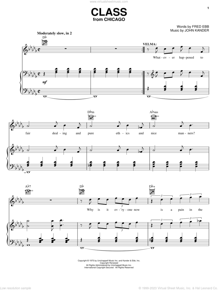 Class sheet music for voice, piano or guitar by Kander & Ebb, Chicago (Musical), Fred Ebb and John Kander, intermediate skill level