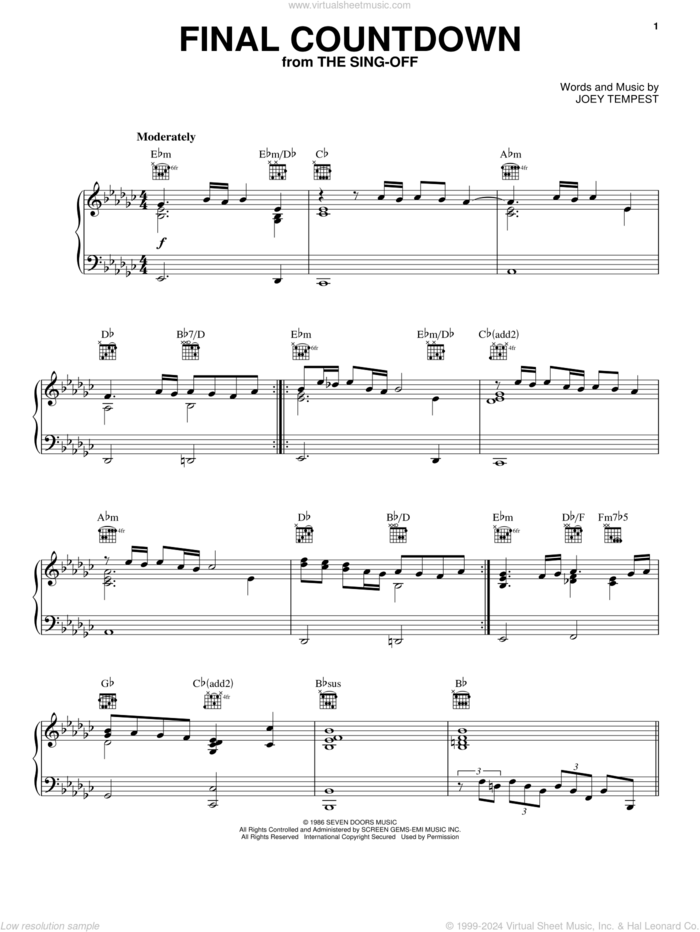 Final Countdown sheet music for voice, piano or guitar by Europe and Joey Tempest, intermediate skill level