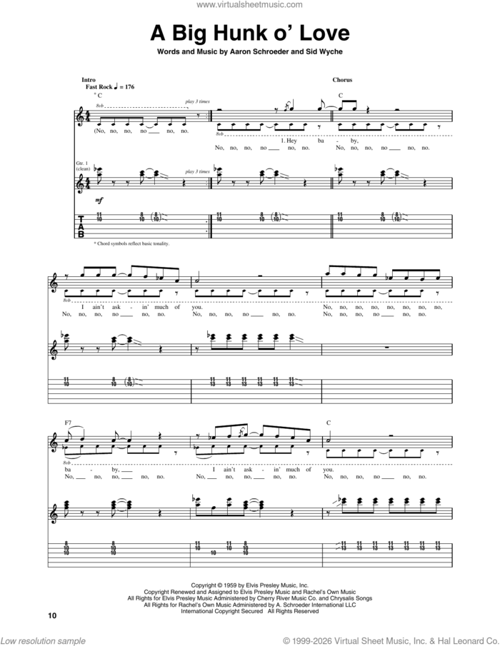 A Big Hunk O' Love sheet music for guitar (tablature) by Elvis Presley, Aaron Schroeder and Sidney Wyche, intermediate skill level