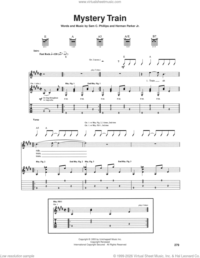 Mystery Train sheet music for guitar (tablature) by Elvis Presley, Herman Parker Jr and Sam C. Phillips, intermediate skill level
