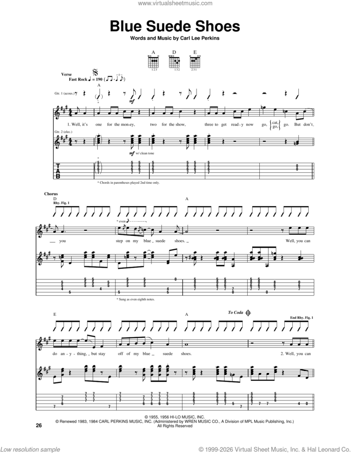 Blue Suede Shoes sheet music for guitar (tablature) by Elvis Presley and Carl Perkins, intermediate skill level