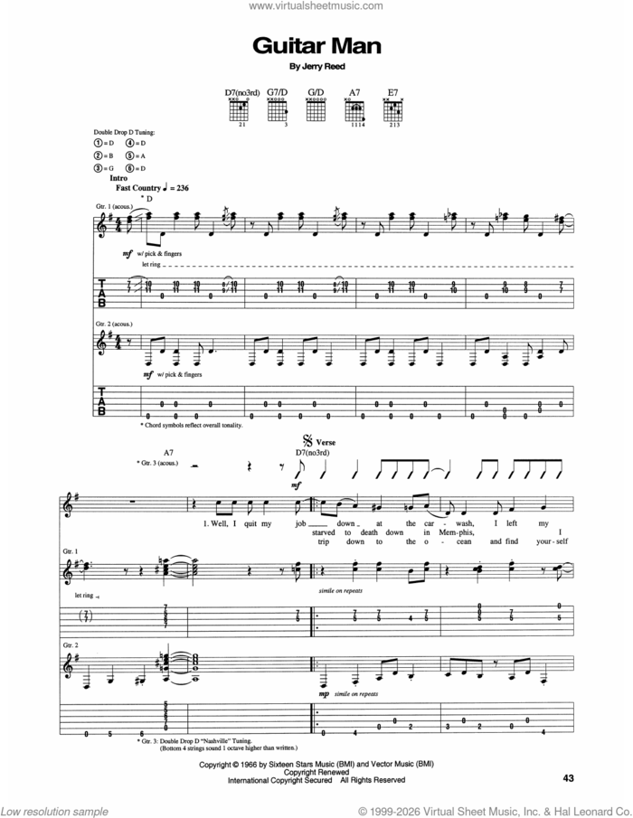 Guitar Man sheet music for guitar (tablature) by Elvis Presley and Jerry Reed, intermediate skill level