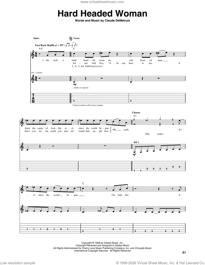 Hard Headed Woman sheet music for guitar (tablature) by Elvis Presley and Claude DeMetruis, intermediate skill level
