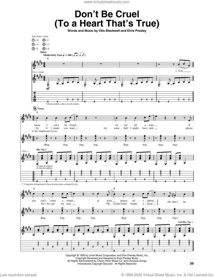 Don't Be Cruel (To A Heart That's True) sheet music for guitar (tablature) by Elvis Presley and Otis Blackwell, intermediate skill level