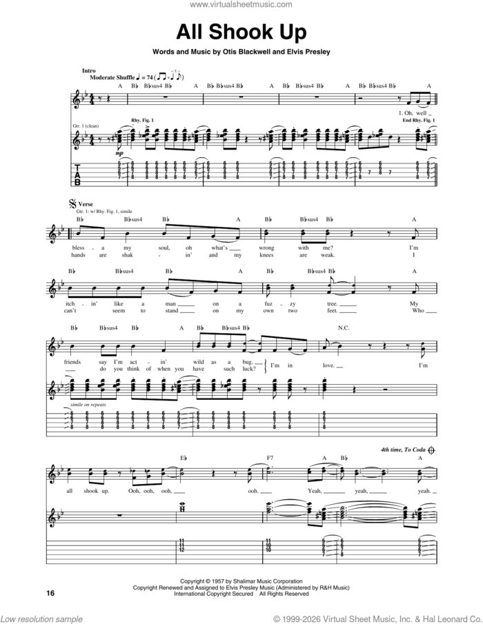 All Shook Up sheet music for guitar (tablature) by Elvis Presley and Otis Blackwell, intermediate skill level