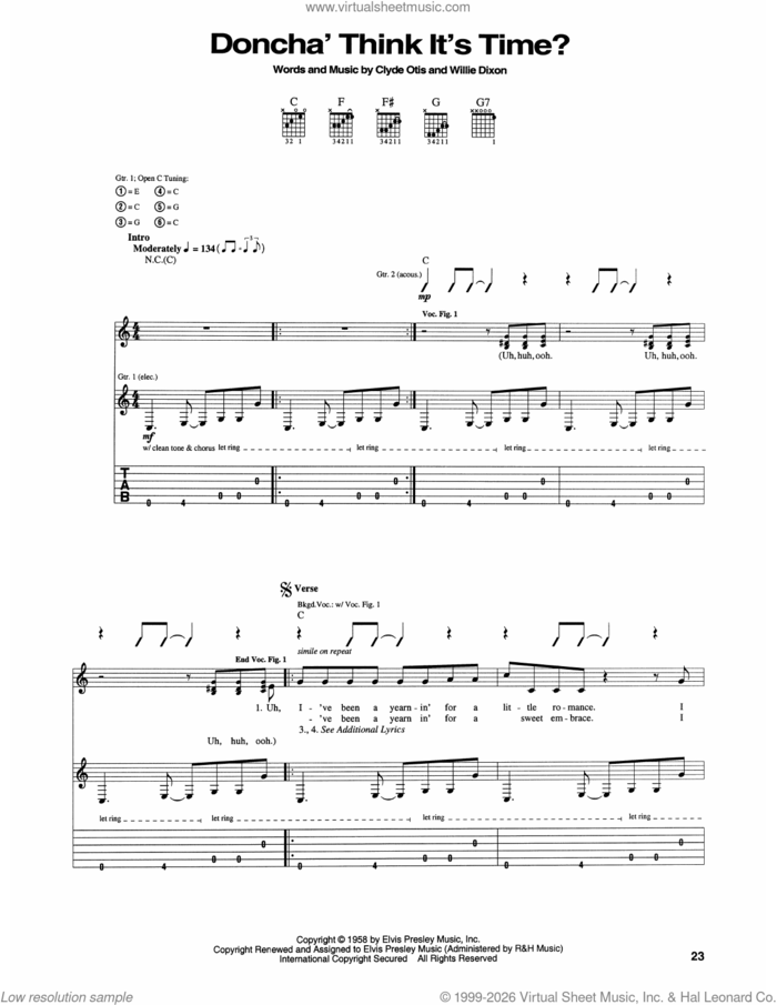 Doncha' Think It's Time? sheet music for guitar (tablature) by Elvis Presley, Clyde Otis and Willie Dixon, intermediate skill level