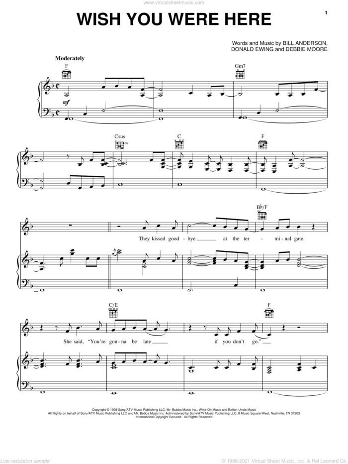 Wish You Were Here sheet music for voice, piano or guitar by Bill Anderson, Mark Wills, Debbie Moore and Donald Ewing, intermediate skill level