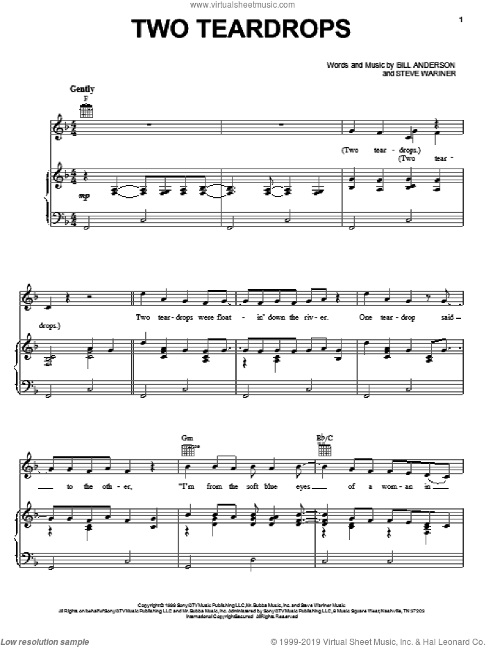 Two Teardrops sheet music for voice, piano or guitar by Bill Anderson and Steve Wariner, intermediate skill level