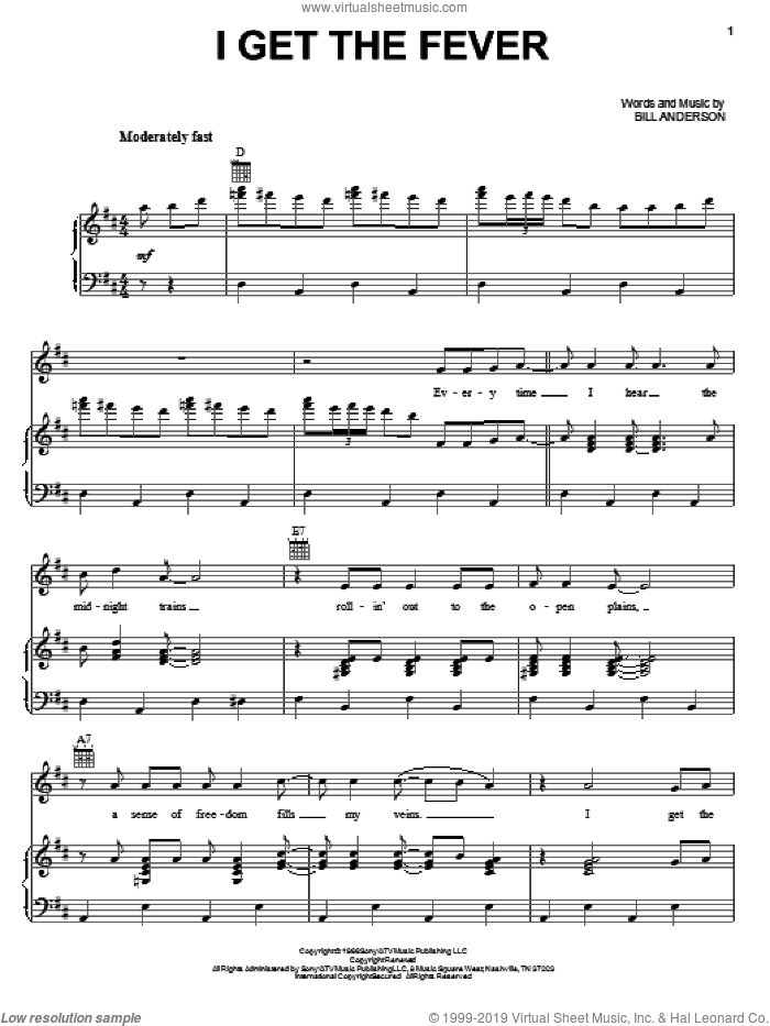 I Get The Fever sheet music for voice, piano or guitar by Bill Anderson, intermediate skill level