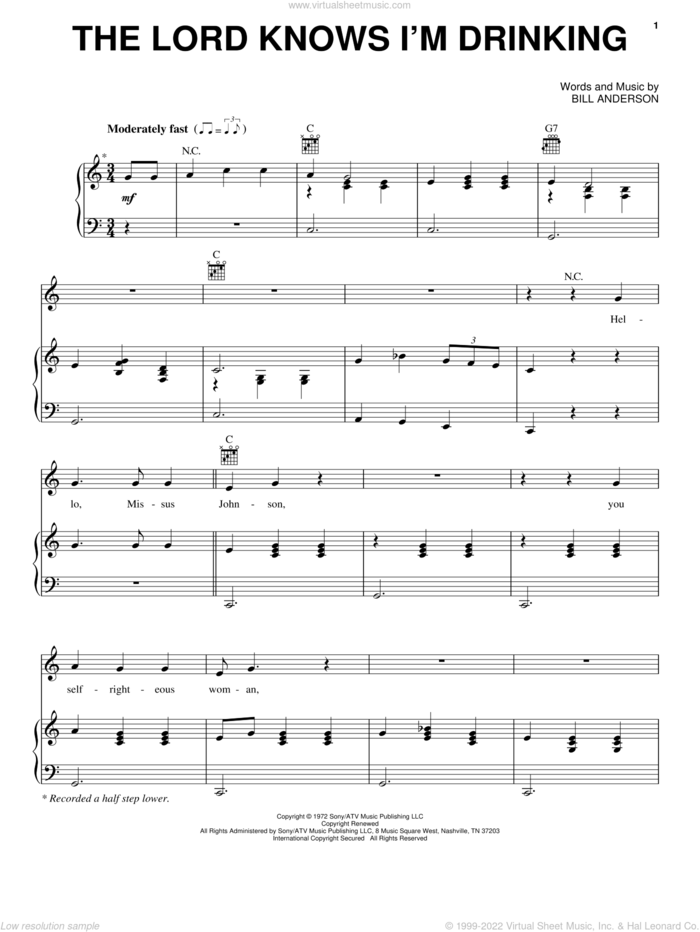 The Lord Knows I'm Drinking sheet music for voice, piano or guitar by Bill Anderson and Cal Smith, intermediate skill level