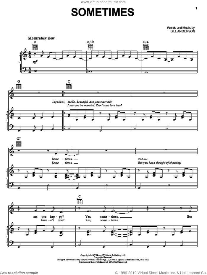 Sometimes sheet music for voice, piano or guitar by Bill Anderson and Bill Anderson & Mary Lou Turner, intermediate skill level