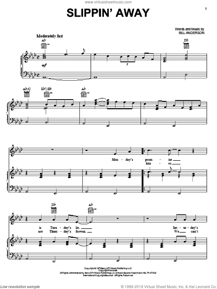 Slippin' Away sheet music for voice, piano or guitar by Bill Anderson, intermediate skill level