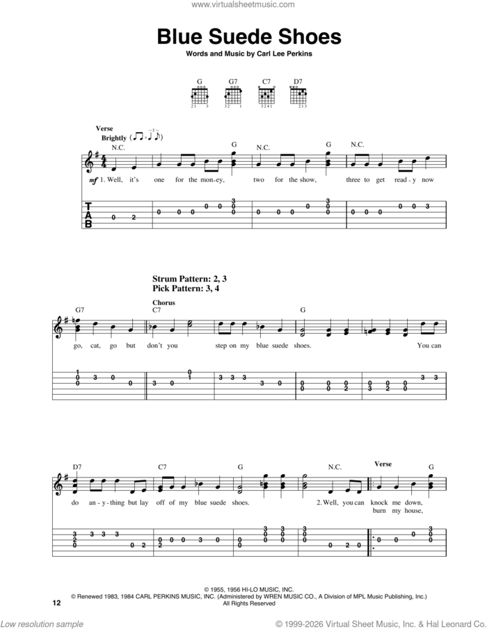 Blue Suede Shoes sheet music for guitar solo (easy tablature) by Elvis Presley and Carl Perkins, easy guitar (easy tablature)