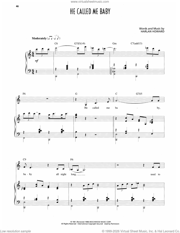 He Called Me Baby sheet music for voice and piano by Patsy Cline and Harlan Howard, intermediate skill level