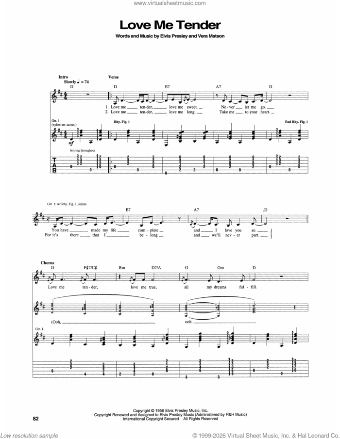 Love Me Tender sheet music for guitar (tablature) by Elvis Presley and Vera Matson, intermediate skill level