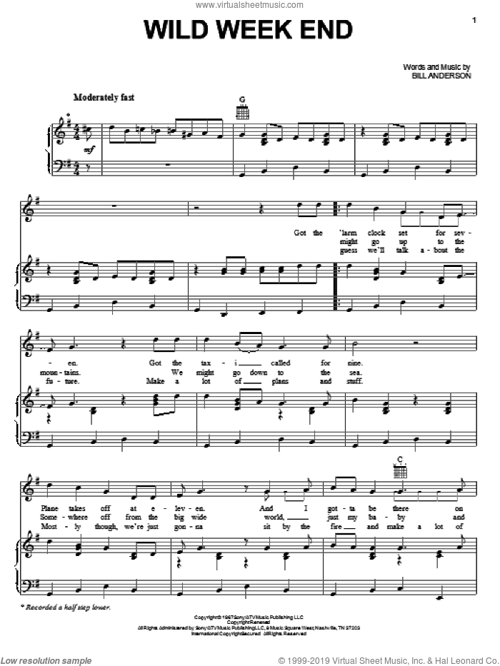 Wild Week End sheet music for voice, piano or guitar by Bill Anderson, intermediate skill level
