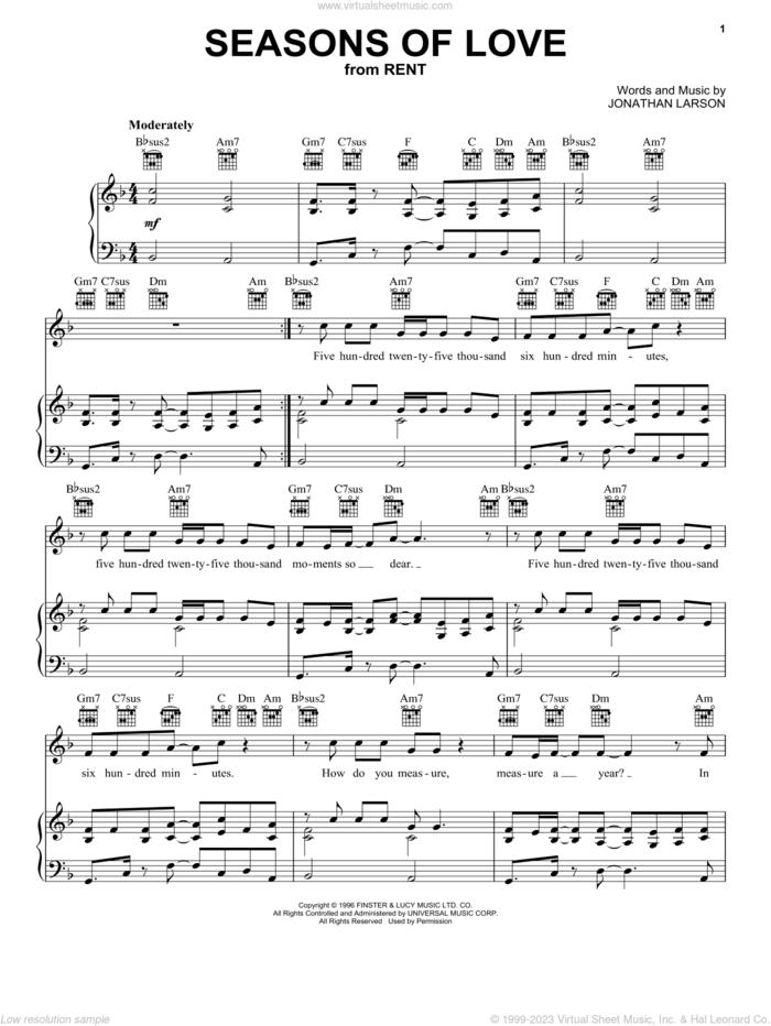 Seasons Of Love (from Rent) sheet music for voice, piano or guitar by Jonathan Larson and Rent (Musical), wedding score, intermediate skill level