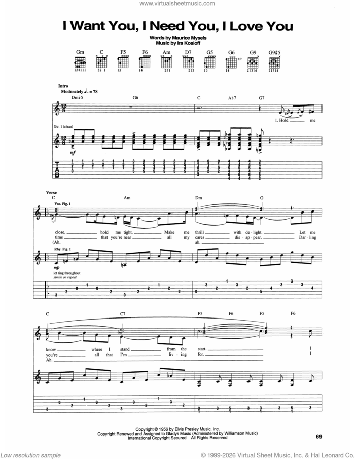 I Want You, I Need You, I Love You sheet music for guitar (tablature) by Elvis Presley, Ira Kosloff and Maurice Mysels, intermediate skill level