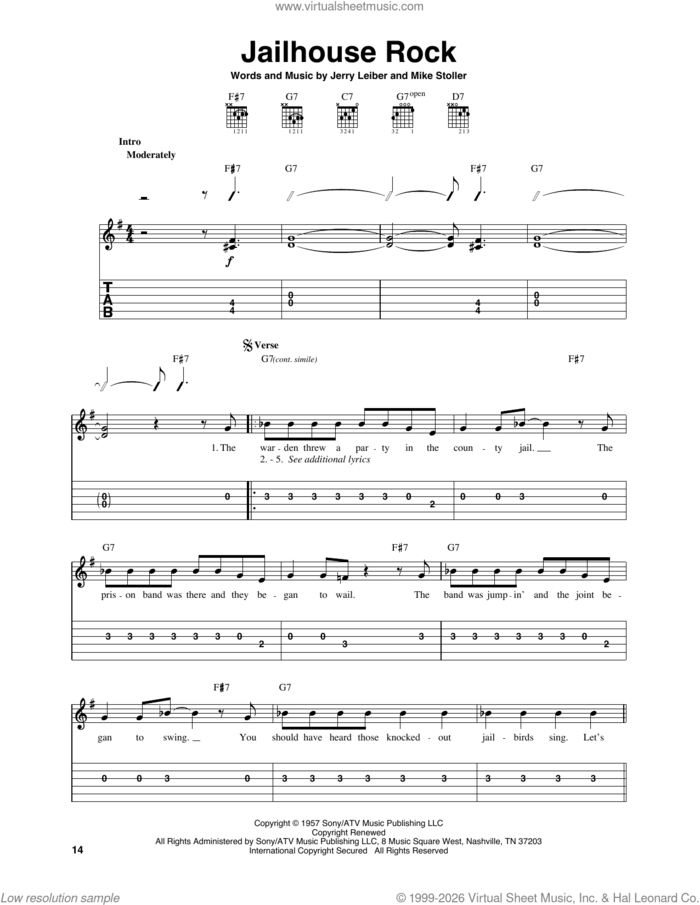 Jailhouse Rock sheet music for guitar solo (easy tablature) by Elvis Presley, Jerry Leiber and Mike Stoller, easy guitar (easy tablature)