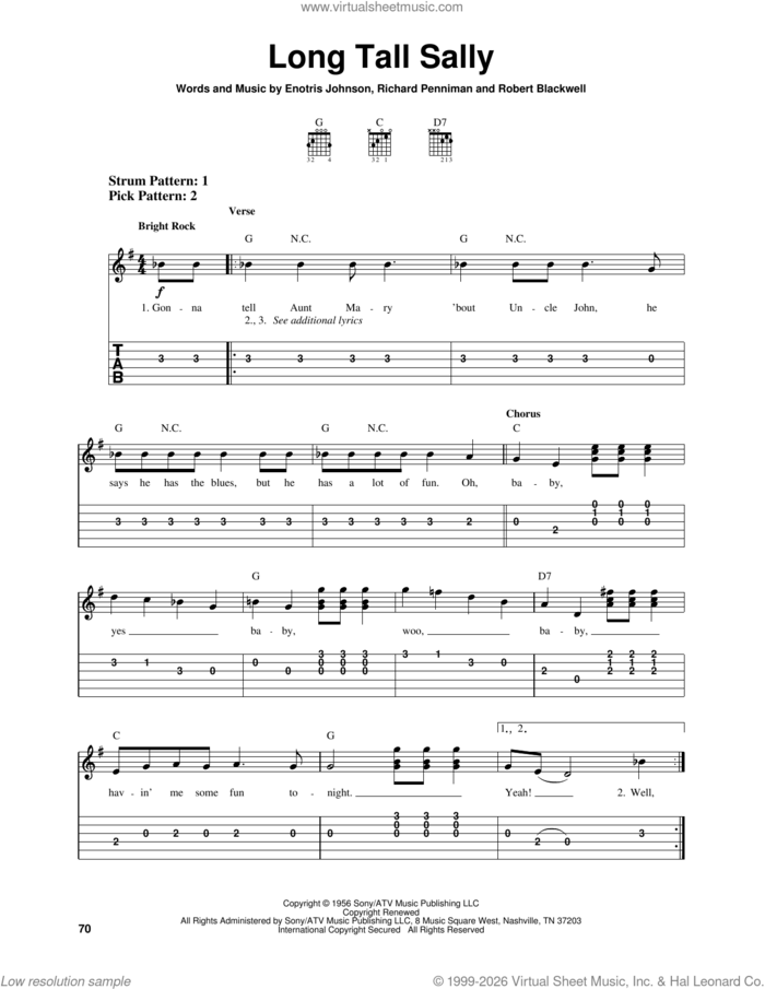 Long Tall Sally sheet music for guitar solo (easy tablature) by Little Richard, Enotris Johnson, Richard Penniman and Robert Blackwell, easy guitar (easy tablature)