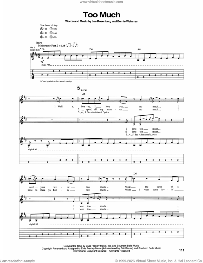 Too Much sheet music for guitar (tablature) by Elvis Presley, Bernard Weinman and Lee Rosenberg, intermediate skill level
