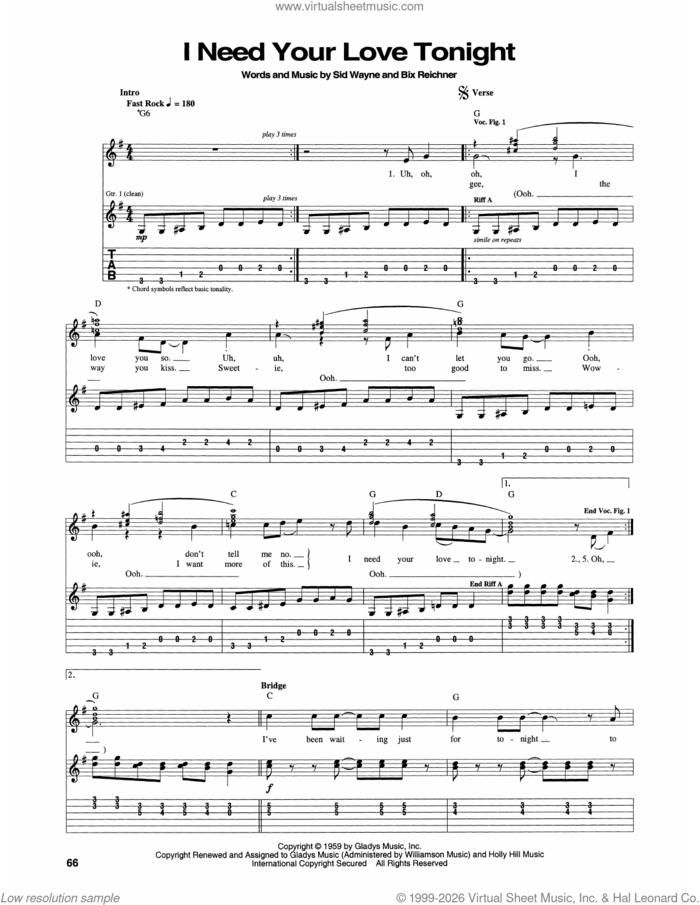 I Need Your Love Tonight sheet music for guitar (tablature) by Elvis Presley, Bix Reichner and Sid Wayne, intermediate skill level