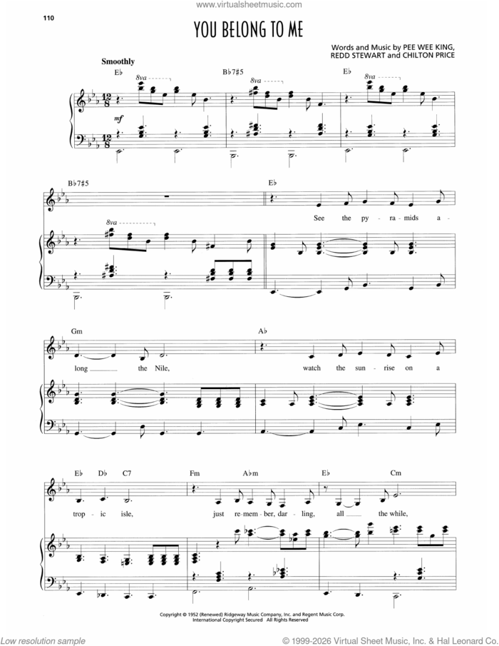 You Belong To Me sheet music for voice and piano by Patsy Cline, Chilton Price, Pee Wee King and Redd Stewart, intermediate skill level