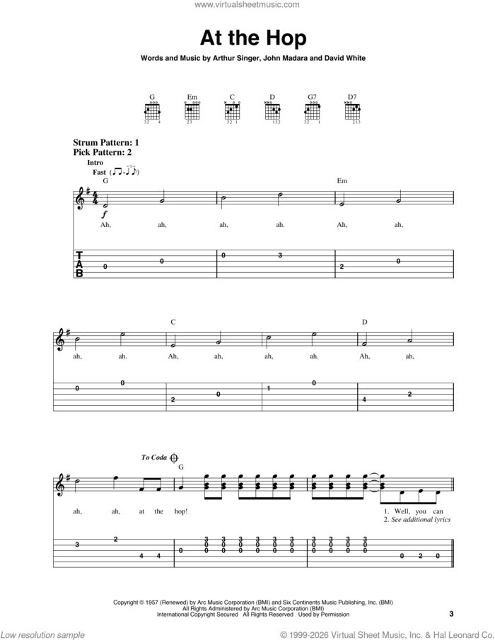 At The Hop sheet music for guitar solo (easy tablature) by Danny & The Juniors, Arthur Singer, David White and John Madara, easy guitar (easy tablature)