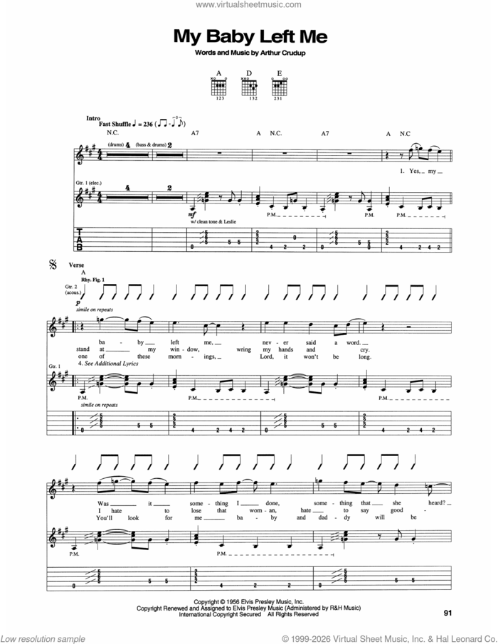 My Baby Left Me sheet music for guitar (tablature) by Elvis Presley and Arthur Crudup, intermediate skill level