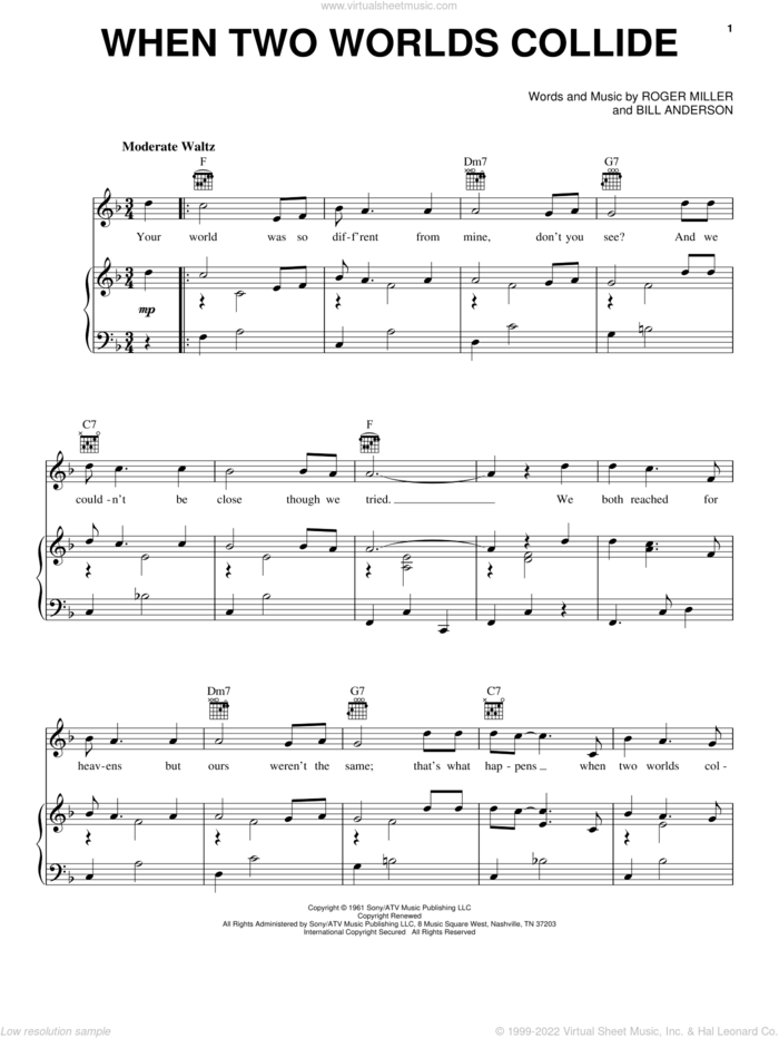 When Two Worlds Collide sheet music for voice, piano or guitar by Bill Anderson, Jerry Lee Lewis, Jim Reeves and Roger Miller, intermediate skill level