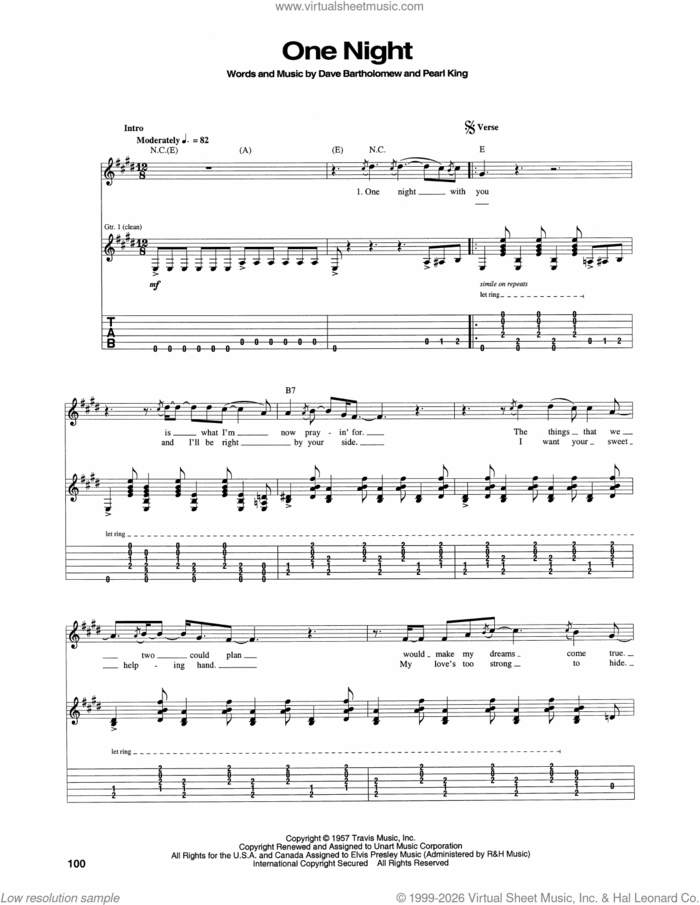 One Night sheet music for guitar (tablature) by Elvis Presley, Dave Bartholomew and Pearl King, intermediate skill level