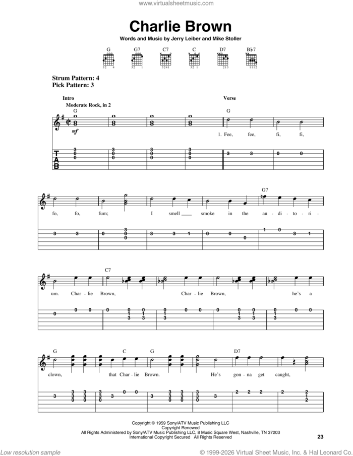 Charlie Brown sheet music for guitar solo (easy tablature) by The Coasters, Jerry Leiber and Mike Stoller, easy guitar (easy tablature)