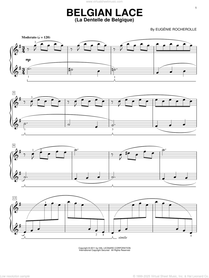 Belgian Lace sheet music for piano solo by Eugenie Rocherolle, intermediate skill level