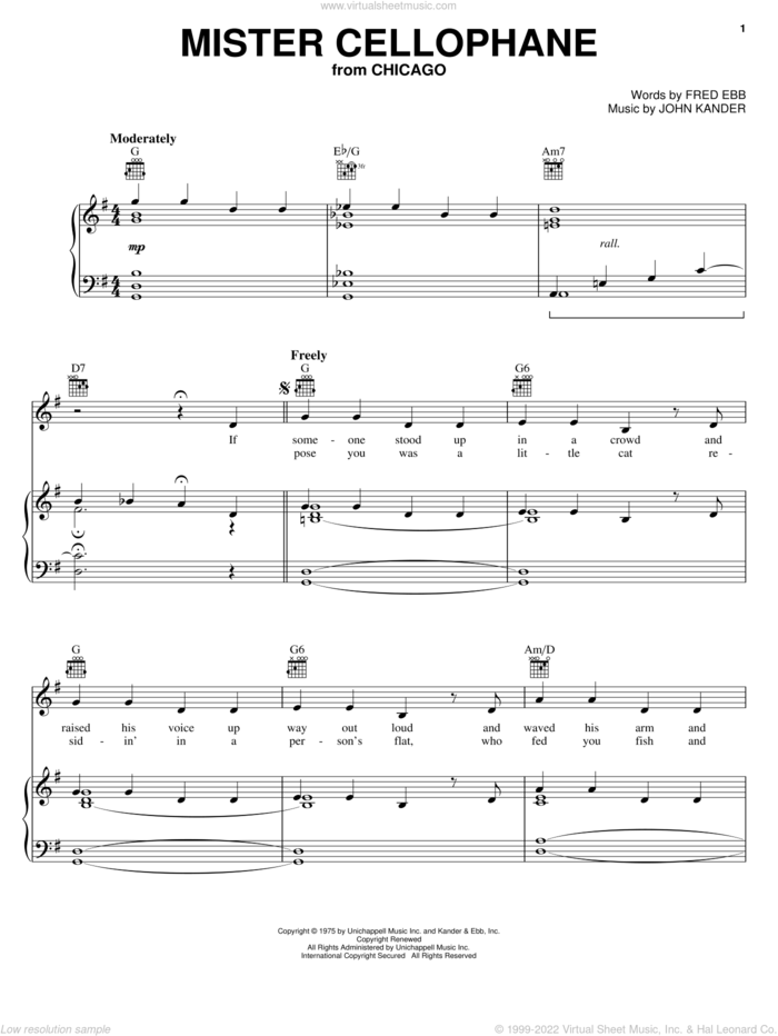 Mister Cellophane sheet music for voice, piano or guitar by Kander & Ebb, Chicago (Musical), Fred Ebb and John Kander, intermediate skill level