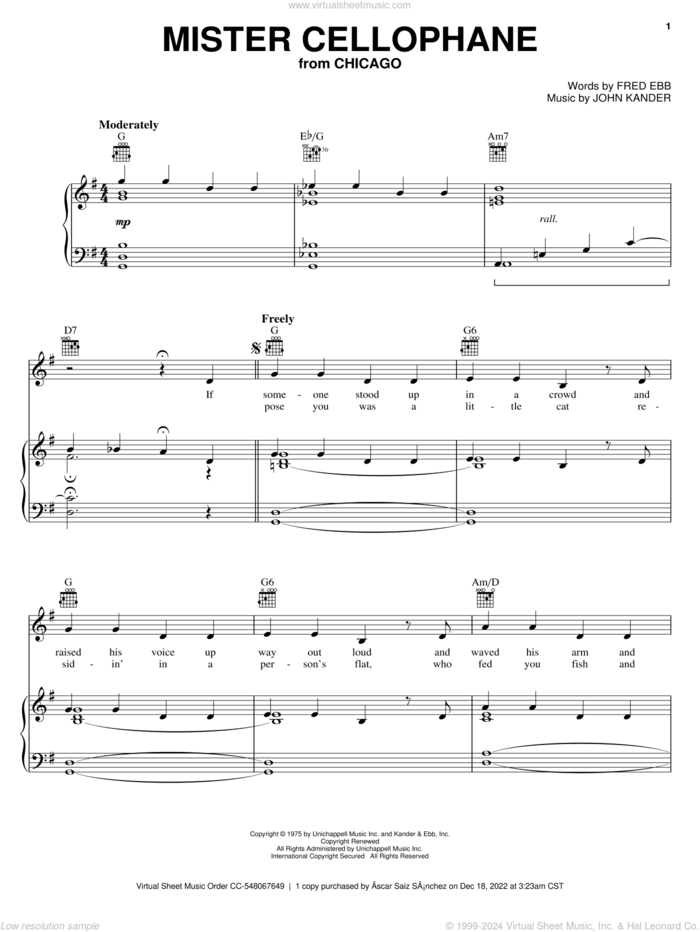 Mister Cellophane sheet music for voice, piano or guitar by Kander & Ebb, Chicago (Musical), Fred Ebb and John Kander, intermediate skill level