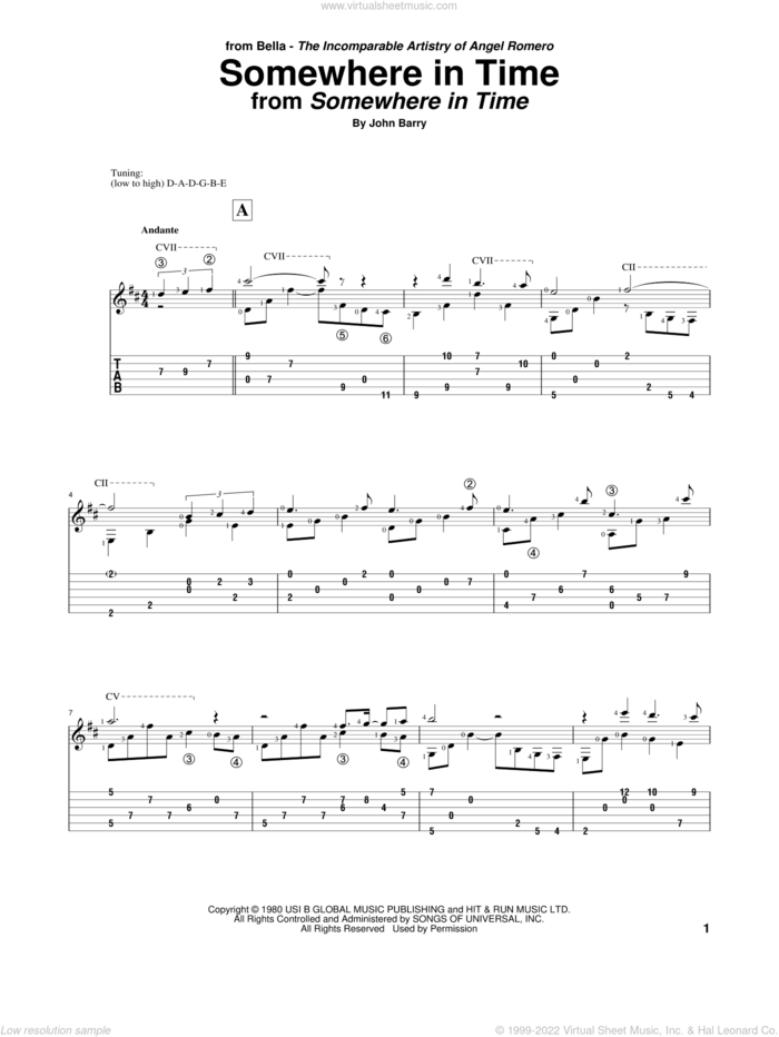 Somewhere In Time sheet music for guitar solo by Angel Romero, B.A. Robertson and John Barry, classical score, intermediate skill level