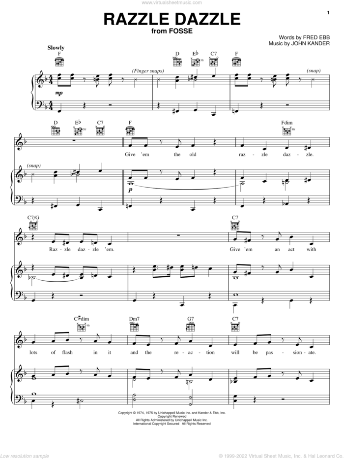 Razzle Dazzle sheet music for voice, piano or guitar by Kander & Ebb, Chicago (Musical), Fred Ebb and John Kander, intermediate skill level